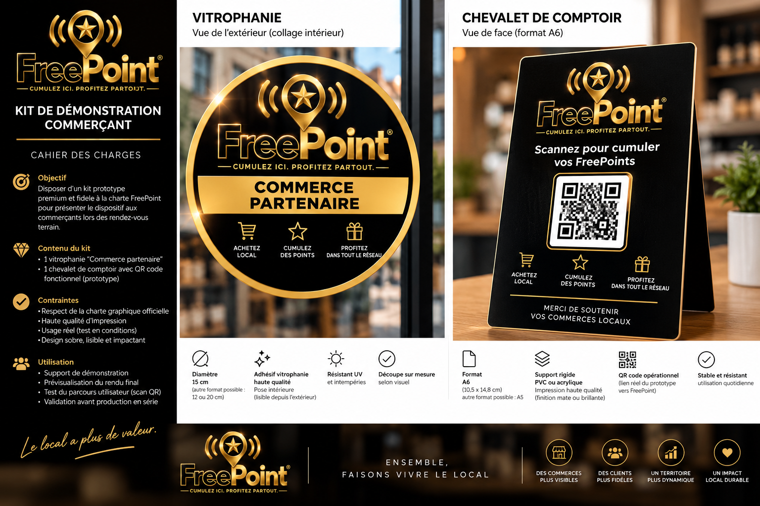 Vitrophanie officielle FreePoint noire et or, avec la mention Commerce partenaire