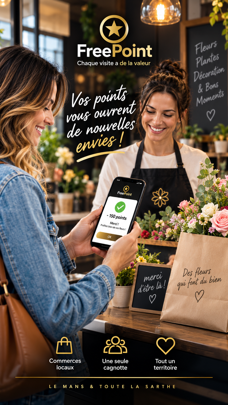 Mise en situation FreePoint fournie : une cliente profite d’un avantage chez un fleuriste